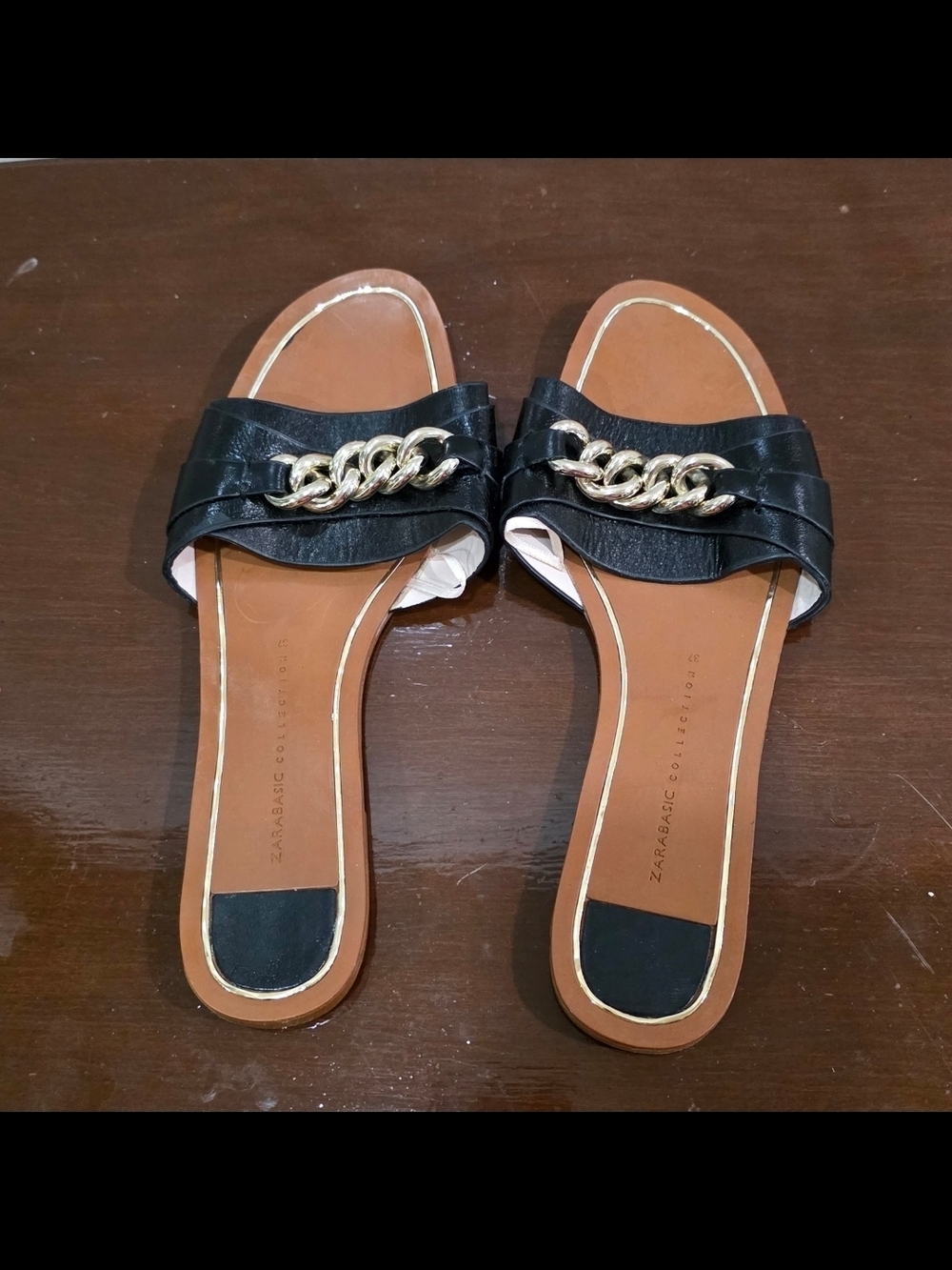 Zara black leather sandal with golden chain size 37